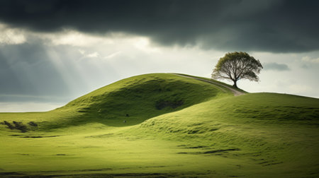 a photo of a striking landscape featuring a tree on a green hill. the image showcases a unique style with contrasting light and dark elements, creating a moody atmosphere. this evocative environmental portrait captures the essence of nature, drawing inspiration from british topographical art and the art of tonga. a captivating composition found on flickr. ai generatedの素材