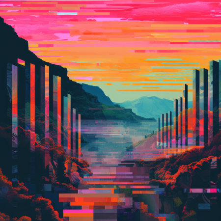 abstract mountains rise against a vibrant sunset backdrop, showcasing a retro-futuristic cyberpunk aesthetic. this colorful pixel-art masterpiece features a flattened perspective, reminiscent of scottish landscapes. with its poster art style and 8k resolution, it transports viewers to a world of fantastical ruins. ai generatedの素材