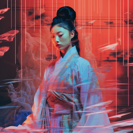 asian young lady in elaborate kimono stands before a surreal and dreamlike backdrop, featuring vibrant colors of light indigo and red. the transparent layers create a moody neo-noir atmosphere, reminiscent of sui dynasty aesthetics. the fluid photography captures the essence of this visually captivating scene. ai generatedの素材