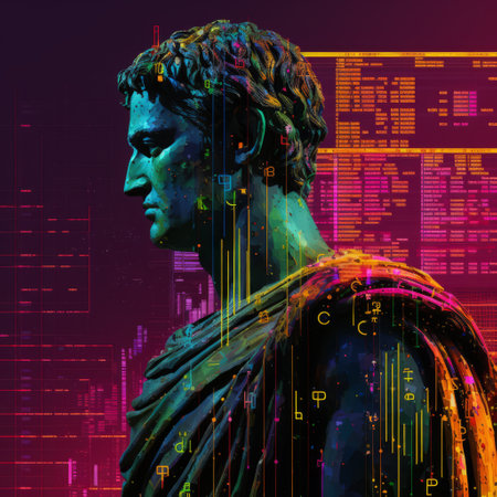 a stylized digital silhouette of a statue, inspired by neon-infused digitalism and roman art and architecture. this artwork showcases realistic hyper-detailed portraits from the 500-1000 ce era, with a vivid color scheme. the piece also incorporates language-based art and evokes a sense of nostalgia for retro sci-fi scenes. ai generatedの素材