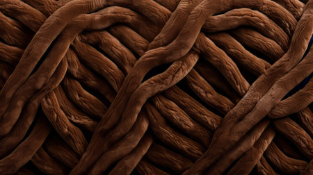 a close-up view of a chocolate-colored yarn rope texture stock photo, inspired by the style of guido borelli da caluso. captured with a tokina opera 50mm f/1.4 ff lens, this image showcases the artistic influence of dan witz. digitally enhanced and sourced from flickr, it evokes the soft sculpture techniques reminiscent of fernando botero. ai generatedの素材