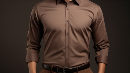 a man is captured in a photo wearing a brown formal dress shirt and brown pants. the image features a matte background with screen tones, showcasing hidden details. the subject, wlad safronow, exudes a sense of style and sophistication. the photo is characterized by its high gloss finish and strong use of contrast. ai generatedの素材
