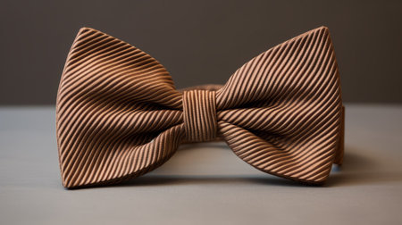 a gold bow tie with black stripes, designed to match the belt, in the style of tamron 24mm f/2.8 di iii osd m12 lens. the tie features textured shading in dark bronze and light bronze, creating a dynamic and kinetic look with its lines and curves. the image showcases a combination of light brown and white colors in high definition. ai generatedの素材