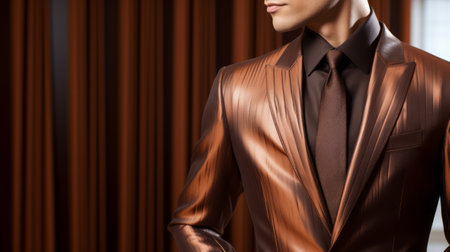 a portrait of a man in a brown jacket, showcasing a stylized glamour with a sleek metallic finish. the luxurious drapery adds an elegant touch to the close-up presentation of the human form. the eco-friendly craftsmanship is evident in the vivid color schemes used. ai generatedの素材