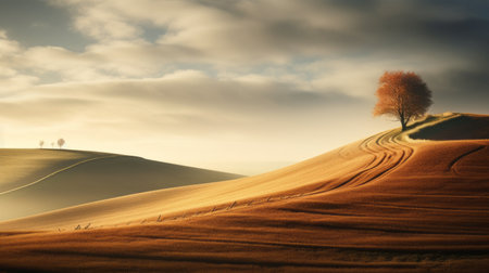 two animals, in the style of digitally manipulated images, are walking down an untouched hillside. the light amber and beige tones, reminiscent of the dusseldorf school of photography, create a soft and romantic landscape. the smooth and curved lines of the landscape inspire a sense of tranquility. this uhd image captures the beauty of nature in a captivating way. ai generatedの素材