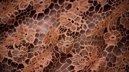 a close-up photo of a brown lace wallpaper captured with a nikon d750 camera. the image showcases intricate details of the costume and fashion, emphasizing the use of fabric and organic sculpting. the petzval 85mm f22 lens adds a touch of vintage charm, while the color palette of light pink and bronze creates a visually appealing composition. the photo also incorporates elements of net art.の素材