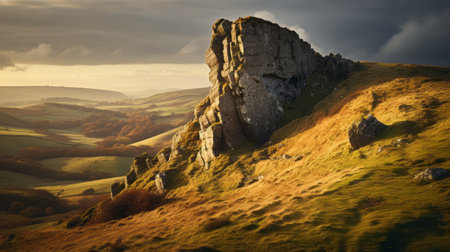 a rocky land formation stands in the distance, reminiscent of traditional british landscapes. the artwork by mike campau captures the golden light, showcasing a vibrant use of light and shadow. mitch griffiths' contribution adds a touch of drama with his expert use of dramatic lighting. the canvas is uniquely shaped, enhancing the overall visual impact. ai generatedの素材