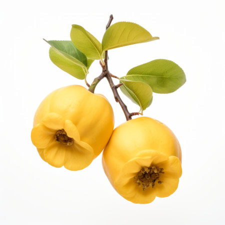 two plump yellow fruit, resembling traditional essence, are captured in this photo against a clean white background. the image showcases the artistic style of kanzan shimomura and the use of a graflex speed graphic camera. the composition highlights the exotic flora and fauna, while also emphasizing the traditional craftsmanship. the subject matter of the photo is reminiscent of an apple core. ai generatedの素材