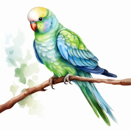 a colorful parrot perched on a branch, depicted in a realistic watercolor style. the parrot showcases vibrant shades of light green and light azure, created using concise brushwork techniques. the artwork embodies elements of kimoicore and aurorapunk, with its realistic portrayal of light and color, as well as its intricate character design. ai generatedの素材