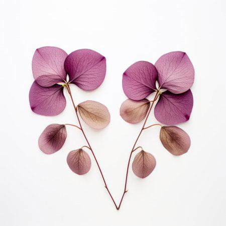 three purple flowers, arranged in a symmetrical composition, stand out against a clean white background. this playful and minimalistic portrait captures the essence of japanese photography. the magenta and beige hues complement the delicate leaf patterns, creating a visually pleasing and symmetrical arrangement. ai generatedの素材