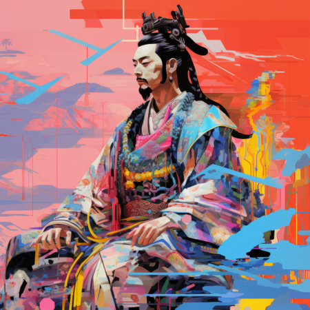 a chinese man wearing a crow headpiece is depicted in this uhd image from the museum of contemporary art. the digital painting showcases a style reminiscent of saturated color field and colorful pixel-art, with the man adorned in an elaborate kimono. the pensive portraiture captures the multi-layered figures in a captivating manner. ai generatedの素材