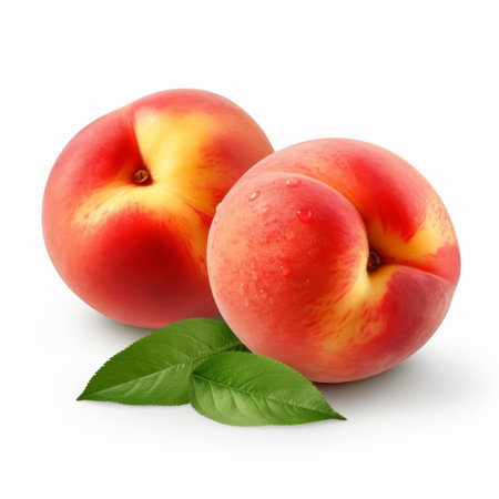 two peaches, adorned with leaves and leafs, are beautifully captured on a white background. the image showcases subtle gradients, created by caras ionut, in light red and light pink hues. the warmcore tones and soft-edged, smooth lines add to the precisionist style of this captivating photograph. ai generatedの素材