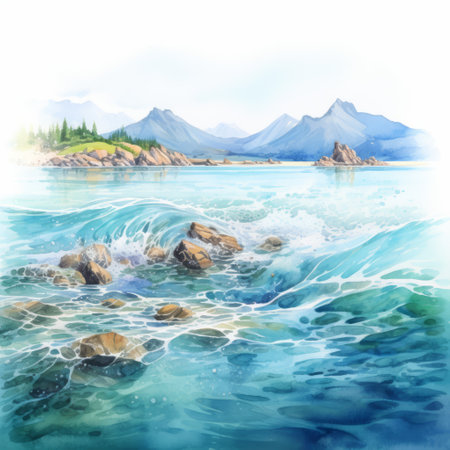 a stunning watercolor painting capturing the power and beauty of a wave in the sea. this artwork, inspired by scottish landscapes, features lush and vibrant background scenery. created by the talented artist kerem beyit, the painting showcases intricate details and transparent layers, resulting in a captivating graphic illustration. ai generatedの素材
