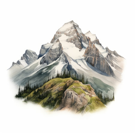 an illustration of a mountain in realistic watercolor style, featuring vibrant red and white colors. the artwork is reminiscent of whistlerian paintings, with a combination of light yellow and dark emerald hues. the composition is layered, showcasing highly realistic details and precisionist lines, resulting in a clear edge definition. ai generatedの素材