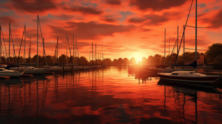 the sailboats on the water create a vibrant fantasy landscape in this uhd image. the hyperrealistic cityscapes in the background are bathed in light crimson and orange hues. the daz3d rendering technique beautifully captures the essence of the dutch landscape, with luminous skies adding to the overall enchanting atmosphere. ai generatedの素材