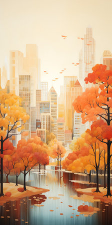 abstract fall city landscape in water, featuring ethereal illustrations in the style of the new york school. the vibrant colors of light orange and yellow depict highly detailed foliage, while the atmospheric perspective adds depth to the scene. the ethereal trees create a playful and colorful depiction of the fall season. ai generatedの素材