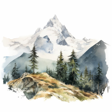 a stunning watercolor painting capturing the beauty of a mountain landscape adorned with lush trees and a cascading waterfall. this photorealistic composition showcases the artist's mastery of whistlerian style, with transparent layers that bring depth and realism to the image. the ultra-high-definition (uhd) quality of the painting enhances the intricate details, making it a captivating environmental portrait. immerse yourself in the mesmerizing world of nature-inspiredの素材