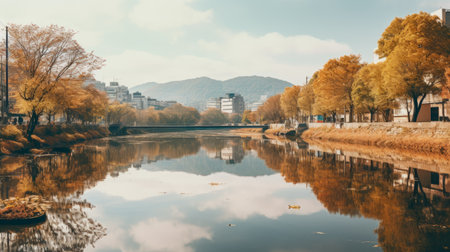 autumn cityscape of wolding river korea and hancheongnam featuring reflections and mirroring. the photo showcases nature-inspired motifs with light green and green hues. captured with a nikon f2, this eye-catching composition in 32k uhd is a stunning example of professional photography. discover the beauty of this manapunk-inspired cityscape on unsplash. ai generatedの素材