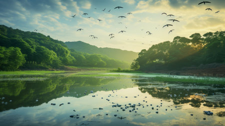 sunrise over a lake with birds flying above, capturing the naturalistic landscape style of joong keun lee. this photo showcases the artist's sensitivity to the natural world, with its light emerald and green hues. the photo-realistic landscape and tranquil scene create an atmospheric woodland imagery that is both captivating and serene. ai generatedの素材