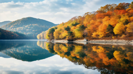 autumn lake reflection of wolding river korea and hancheongnam, showcasing nature-inspired motifs and mirroring. this eye-catching composition captures the beauty of the season with its vibrant shades of light green and green. shot with a nikon f2, this professional photograph in 32k uhd resolution is a stunning example of manapunk style. discover the mesmerizing allure of this image on unsplash. ai generatedの素材