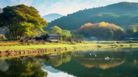 autumn farm scenery of wolding river korea and hancheongnam captured in a stunning photograph. this mesmerizing image showcases reflections and mirroring, with nature-inspired motifs in shades of light green and green. shot with a nikon f2 camera, the 32k uhd resolution brings out the intricate details of the composition. a perfect example of professional photography, this eye-catching picture is sure to leave a lasting impression.の素材