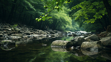 falling chestnuts of wolding river korea and hancheongnam captured in a mesmerizing photo. the image showcases reflections and mirroring, with nature-inspired motifs in light green and green hues. shot with a nikon f2 camera, this 32k uhd photograph features an eye-catching composition. a stunning example of professional photography, this image is sure to captivate viewers. ai generatedの素材