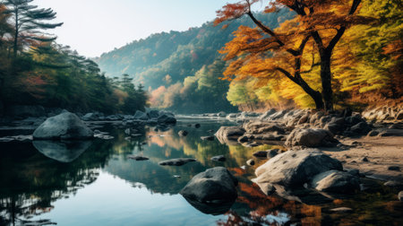 the photo showcases the mesmerizing fall scenery of wolding river in hancheongnam, korea. with its reflections and mirroring effect, the image captures the essence of the season. the nature-inspired motifs and vibrant shades of light green and green add to the captivating composition. this professional photograph, taken with a nikon f2 camera, is available in 32k uhd resolution and is sure to catch the eye.の素材