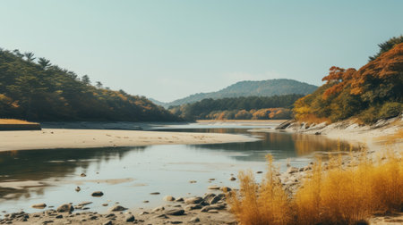 autumn beach view of wolding river korea and hancheongnam showcasing reflections and mirroring. the photo captures nature-inspired motifs with light green and green hues. shot with a nikon f2, this 32k uhd image features an eye-catching composition. it is a professional photograph with a manapunk style, available on unsplash. ai generatedの素材