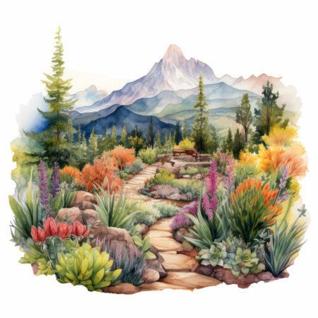 a watercolor path winds its way through a lush forest in this vibrant illustration. inspired by colorful gardens and mountainous vistas, the artwork showcases realistic and hyper-detailed renderings. elaborate borders and colorful arrangements add to the visual appeal. this piece draws influence from the northwest school and features sharp, prickly elements. ai generatedの素材