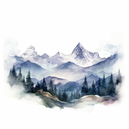 a stunning watercolor painting captures the beauty of mountains, trees, and a waterfall, with a unique double exposure style. the misty atmosphere adds an ethereal touch, while the dark white and light indigo hues create a captivating contrast. inspired by tattoos and whistlerian art, this diverse color palette brings the image to life. enjoy the high-definition quality of this mesmerizing artwork. ai generatedの素材