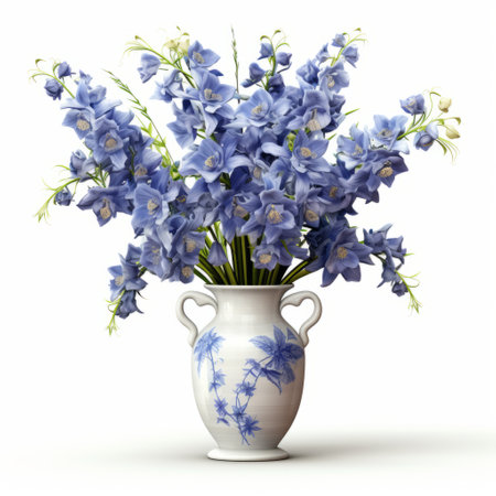 blue flowers in a vase on a table, depicted in a realistic hyper-detailed rendering with a high resolution. the white background enhances the beauty of the flowers. the arrangement follows a symmetrical pattern, reminiscent of the shang dynasty. inspired by the works of cicely mary barker, this image was created using daz3d software. ai generatedの素材