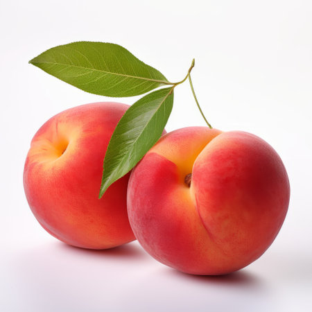 peaches with leaves on a white surface, captured in stunning 8k resolution. the soft and rounded forms of the peaches, in a light red hue, exude a pristine naturalism. the composition showcases a contrasting balance, with color gradients adding depth. this image embodies the essence of oshare kei. ai generatedの素材