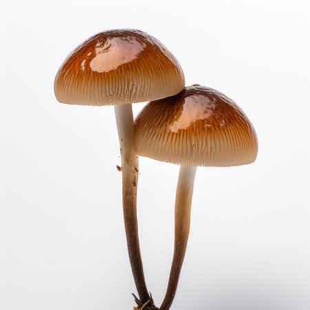 two small mushrooms, one dark orange and the other light indigo, are captured on a white background. the photo is taken in the style of tamron 24mm f28 di iii osd m12 lens, showcasing volumetric lighting. the mushrooms are beautifully rendered using varied brushwork techniques, resulting in a skeuomorphic effect. ai generatedの素材