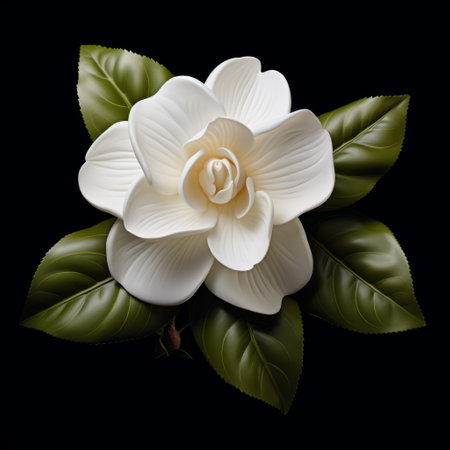 a gardenia flower, showcased against a striking black backdrop, captures the essence of photorealistic detail. this image embodies the organic architecture of nature, reminiscent of the works of cicely mary barker and martin puryear. the high contrast shot highlights the intricate beauty of the flower, while incorporating graceful curves inspired by native brasilian motifs. ai generatedの素材