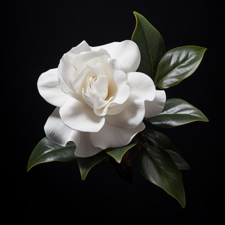a gardenia flower, showcased against a striking black backdrop, captures the essence of photorealistic detail. this image beautifully combines elements of organic architecture, inspired by the works of cicely mary barker and martin puryear. the high contrast shot highlights the intricate beauty of the flower, while incorporating graceful curves reminiscent of native brasilian motifs. ai generatedの素材