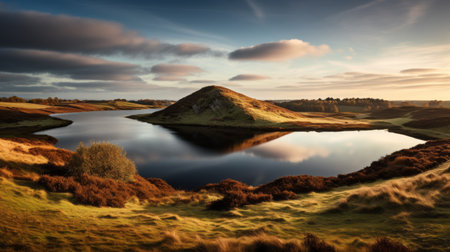 an isolated lake, nestled in a secluded setting, showcases the beauty of traditional british landscapes. captured through backlit photography using the tokina at-x 11-16mm f/2.8 pro dx ii lens, this image highlights the lively coastal landscapes surrounding the lake. the spiky mounds add an intriguing element to the scene, while the light amber and azure hues create a captivating atmosphere. the composition resembles a beautifullyの素材