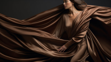 a model in brown cloth strikes a pose, adorned with a heavy blanket, creating a captivating image with a motion blur effect. this luxurious drapery showcases the artistic influences of the gutai group, known for their innovative techniques. the chiaroscuro portraitures and schlieren photography techniques add depth and intrigue to this metallic-toned, ultra-high-definition (32k uhd) photograph. ai generatedの素材