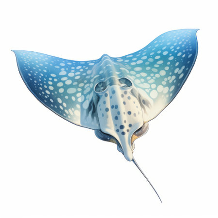 a realistic marine painting style showcases a ray with dotted spots on a white background. the artwork features light blue and dark beige tones, along with detailed facial features of fantastic creatures. translucent planes and flowing forms create a captivating low-angle composition. ai generatedの素材