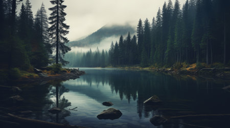 a captivating fine art photograph in 32k uhd showcasing a dark scene of hills, trees, rocks, and a serene lake. the soft and dreamy atmosphere adds a touch of mystique to this forestpunk-inspired image. with its misty atmosphere and essence of nature, this photograph perfectly embodies the enchanting allure of cabincore. ai generatedの素材