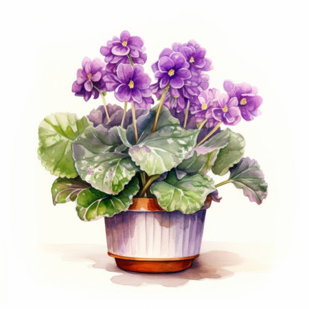 african violet illustration on a white background, showcasing the art of tonga with its ceramic-inspired design. the aquarellist's skill is evident in the spectacular backdrops of emerald and brown. this uhd image is free of watermarks and features high-quality typography. the shapes in the illustration do not stick together, creating a visually appealing composition. ai generatedの素材