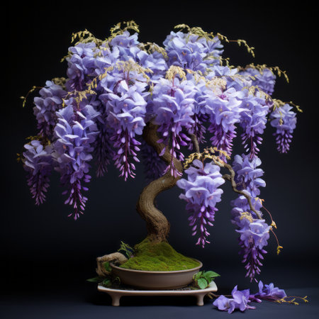 a tree with purple flowers is captured in this photograph, set against a dark background. the image showcases meticulous photorealistic still life, reminiscent of porcelain art and traditional japanese techniques. shot with a hasselblad h6d-400c, the photo beautifully portrays sculptural landscapes and exhibits the artistry of tabletop photography, highlighting the tree's graceful curves. ai generatedの素材