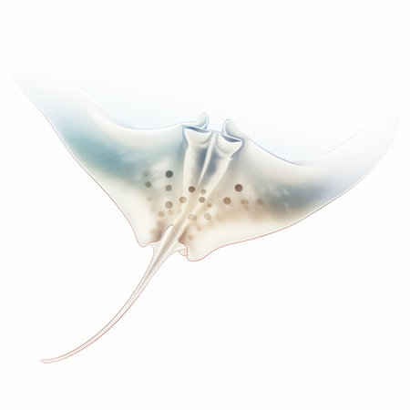 the blue spotted ray, depicted in a soft and blended brushstroke style, is showcased in this diagram against a white background. the muted colors and realistic anatomies bring out the beauty of this marine creature. the use of luminous sfumato and ray tracing techniques adds depth and dimension to the image. created in the artistic style of horia bernea, the translucent planes and tropical symbolismの素材