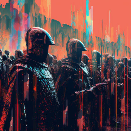 a group of dark knights march in a street, surrounded by intricate psychedelic landscapes. this futuristic digital art showcases a striking combination of red and cyan tones. the meticulous military scenes are reminiscent of medieval-inspired aesthetics, enhanced by a realistic color palette and split toning techniques. ai generatedの素材