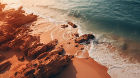 aerial drone footage captures the stunning beauty of rocky shores and crashing waves in the ocean. the warm color palettes, inspired by beeple's artwork, feature light red and light orange tones. this documentary travel photography showcases the mediterranean-inspired scenery with photorealistic detailing, reminiscent of elsa bleda's style. ai generatedの素材