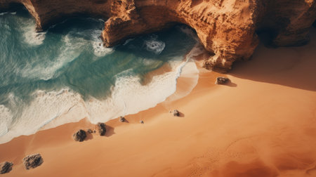 aerial view of a beach with waves crashing at the ocean, showcasing the stunning island of portugal, publico. the photo captures the essence of unreal engine 5 with its warm tones and atmospheric woodland imagery. the mediterranean-inspired scenery is perfect for adventure-themed and romantic scenes, created through photobashing techniques. ai generatedの素材