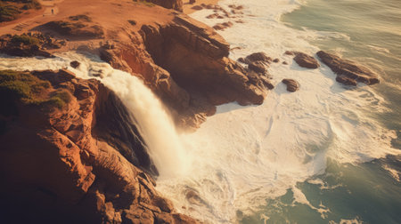 a stunning photo capturing a waterfall cascading down majestic mountains, with the ocean waters surrounding them. the photorealistic details bring the scene to life, while the high-angle perspective adds depth. shot with cinestill 50d film, the light orange and brown tones create a warm and inviting atmosphere. rendered using octane, the matte finish enhances the desertwave aesthetic. ai generatedの素材