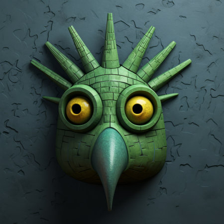 a close-up shot of a green bird figurine with painted eyes on its head, showcasing intricate wall art. this unique piece of artwork is inspired by the styles of evgeni gordiets, clemens ascher, didier lourenco, concrete, inventive character designs, and spiky mounds. ai generatedの素材