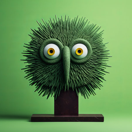 a green owl with small eyes perches on a vibrant green background, showcasing a unique conceptual sculpture. the sculpture features spiky mounds, creating a minimalist still life. rendered in cinema4d, this national geographic photo captures the playful character design of the owl. ai generatedの素材
