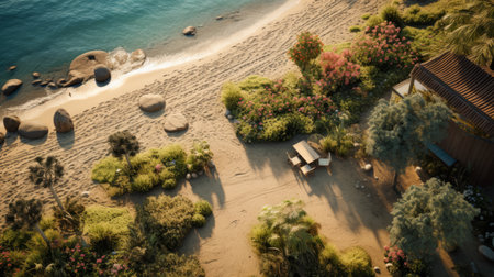 aerial view of beach and ocean with hut overlooking, rendered in unreal engine. earth tone color palette and colorful gardens create a vibrant atmosphere. the scene is beautifully rendered in maya, offering interactive experiences. captured with a hasselblad h6d-400c, the image showcases organic stone carvings. ai generatedの素材