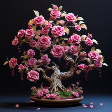 3d pixel art print of a bonsai tree, featuring romantic floral motifs. created using cinema4d, zbrush, and traditional oil-painting techniques. this stunning artwork showcases a beautiful pink bonsai tree with baroque ornate details and a dramatic composition. ai generatedの素材